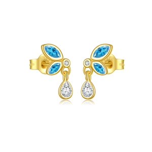 S925 Sterling Zilveren vlinder oorknopjes met blauwe edelstenen en waterdruppel zirkoon