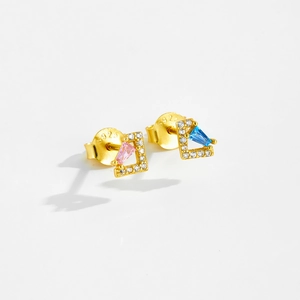 Elegante S925 sterling zilveren oorknopjes met blauwe en roze trapezium zirkoon