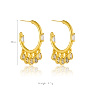 Gouden C-vormige oorringen met marquise-zirkonia en druppelhangers, 25 mm hoogte