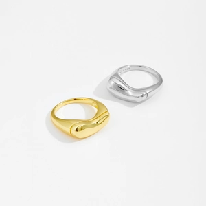 Minimalist liquid metal style S925 silver and gold rings with a sleek glossy finish