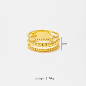 Bague perlée à trois couches en argent sterling S925 doré pour hommes et femmes