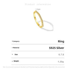 Macro detail of a 1.7mm gold S925 silver hexagonal ring with tiny sparkling zircon stones