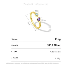Detalles de la marca de plata S925 y medidas del anillo de cristal con forma de gota