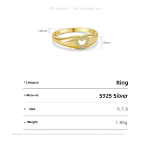 Detail of S925 sterling silver heart ring with gold plating and zircon inlay specifications