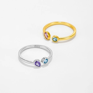 Anillos ajustables de plata S925 con cristales púrpuras y azules en acabados oro y plata fina