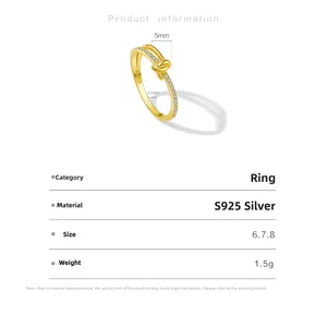 Detailed spec view of a knot-shaped S925 silver ring with zircon stones in gold finish