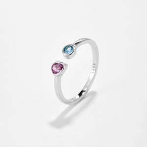 Anillo ajustable de plata S925 con cristales de lágrima en color púrpura y azul