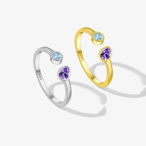Anillo Abierto Ajustable de Plata de Ley S925 para Mujer Minimalista Zirconia Azul Púrpura Forma Redonda y Pera