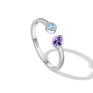 Anillo ajustable de plata de ley S925 con cristales en forma de gota azul y púrpura