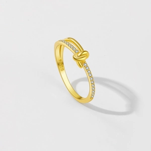 Minimalist S925 sterling silver knotted ring in gold with sparkling pavé cubic zirconia