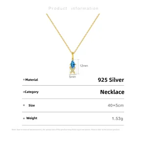 Detail of s925 silver necklace with marquise blue stone and size specifications