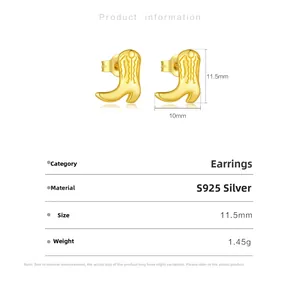 Detailed view of S925 sterling silver golden cowboy boot stud earrings with dimensions