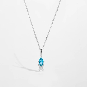 Detail of s925 silver necklace featuring a marquise-cut blue gemstone and zircon accents