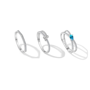 Three-piece S925 sterling silver ring set with blue pear-shaped gemstone and cubic zirconia