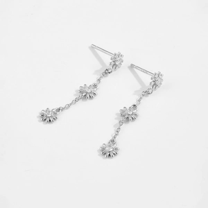 S925 sterling silver triple daisy flower drop earrings with white zircon accents