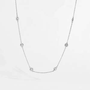 Detail of S925 sterling silver chain featuring multiple small daisy charms with cubic zirconia