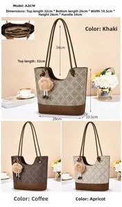 Detail view of tote bag dimensions and multi-compartment interior with F charm