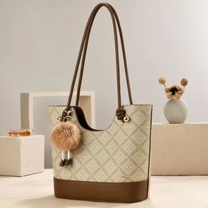 Vintage Monogram Print Women Tote Bag With Plush Charm Large Capacity PU Leather Shoulder Handbag For Daily Commute