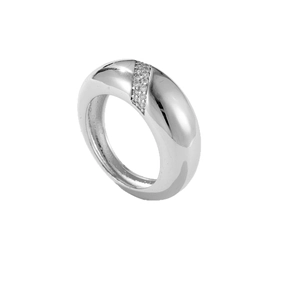 Polished silver wide band ring with diagonal micro-pave cubic zirconia inlay stones