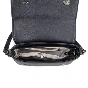 Detailed interior of black leather handbag with grey lining and double magnetic closures