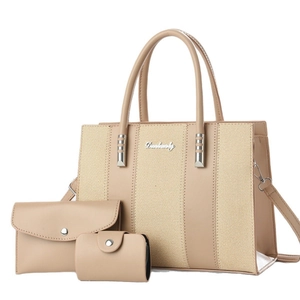 Minimalist beige 3-piece tote bag set with patchwork design and silver metal hardware