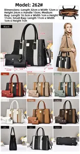 Three-piece striped patchwork tote set showing detailed dimensions and all color options