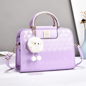 Purple glossy handbag with geometric pattern, swan emblem and white plush charm
