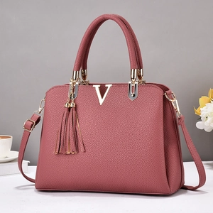 Sac à Main en Cuir PU pour Femmes Grande Capacité Grain de Litchi Avec Décor en Métal V et Gland Sac Bandoulière Mode