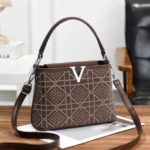 Elegant dark brown leather handbag featuring rhinestone plaid design and V metal hardware