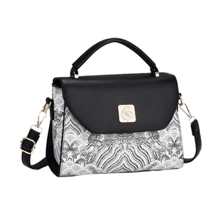 Chinese style patterned crossbody bag with black top handle and elegant wave prints