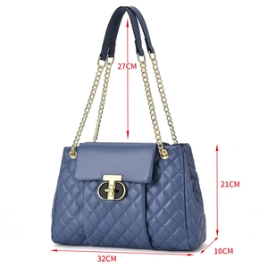 Detailed dimensions of blue quilted leather shoulder bag with gold chain strap and lock