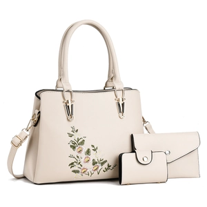 Ensemble 3 pièces sac à main beige avec broderie florale et détails dorés chic