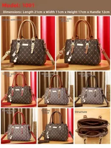Detailed multi-view of monogram handbag with dimensions and internal compartments