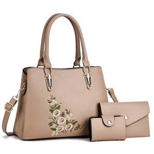 Ensemble de trois sacs à main beiges avec broderie florale et bandoulière