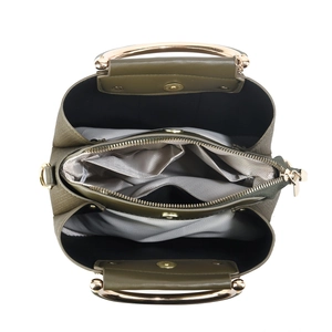 Detailed interior of green PU handbag featuring three compartments and metallic handles