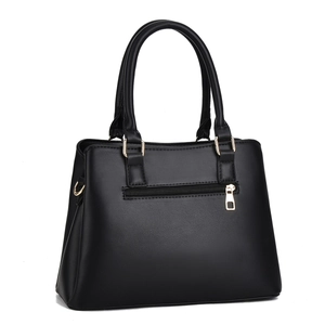 Détail du sac à main en cuir PU noir avec finitions dorées et poche zippée arrière