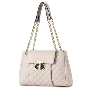 Elegant beige quilted leather shoulder bag with gold chain strap and metal turn-lock