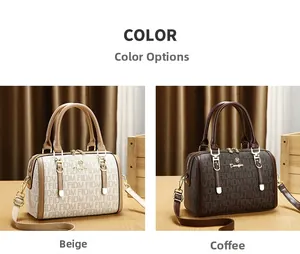 Detail view of beige and coffee Boston bags with jacquard pattern and golden hardware