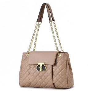 Classic khaki quilted tote bag with gold chain strap and elegant metallic turn-lock