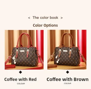 Detail view of large capacity monogram tote bags in coffee red and coffee brown colors