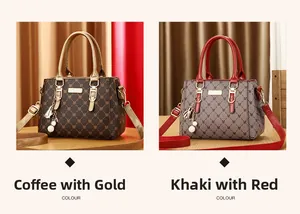 Detail view of coffee-gold and khaki-red crossbody bags with monogram patterns