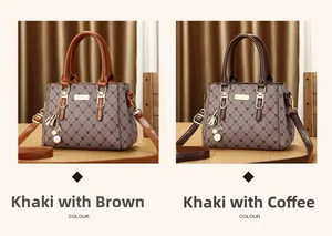 Detail view of large tote bags in khaki brown and coffee featuring M-pattern print
