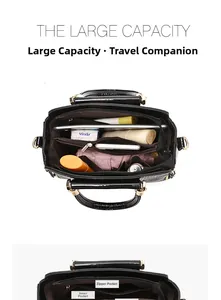 Top view of large capacity black crocodile pattern tote bag with multi-layer interior storage