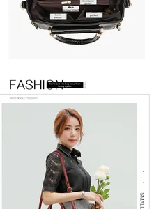 Detail view of black crocodile pattern bag interior pockets and fashion model pose