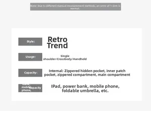 Structure interne détaillée du sac bandoulière rétro avec grande capacité de rangement