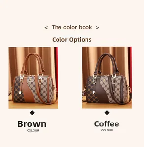 Detail of Denifer brown canvas handbags featuring monogram texture and leather patchwork