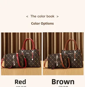 Detail view of red and brown monogram handbags with tassels and metal twist locks