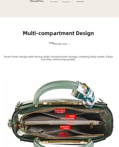 Detailed top view of grey-green leather handbag showing multi-compartment interior storage