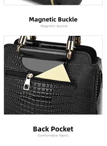 Detail of crocodile pattern PU leather tote with back zipper pocket and golden hardware