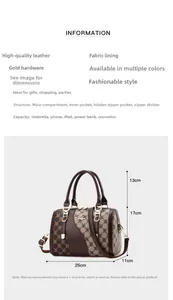 Detailed view of brown monogram Boston bag showing 25cm size and internal storage capacity